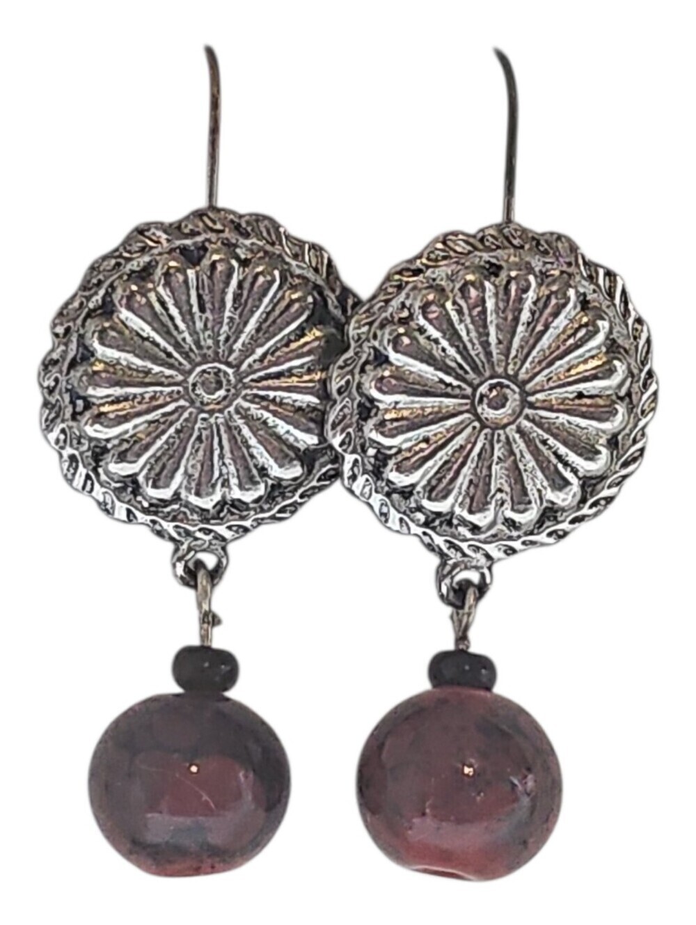 Handcrafted Silver-Tone Floral Medallion Earrings with Dark Red Garnet